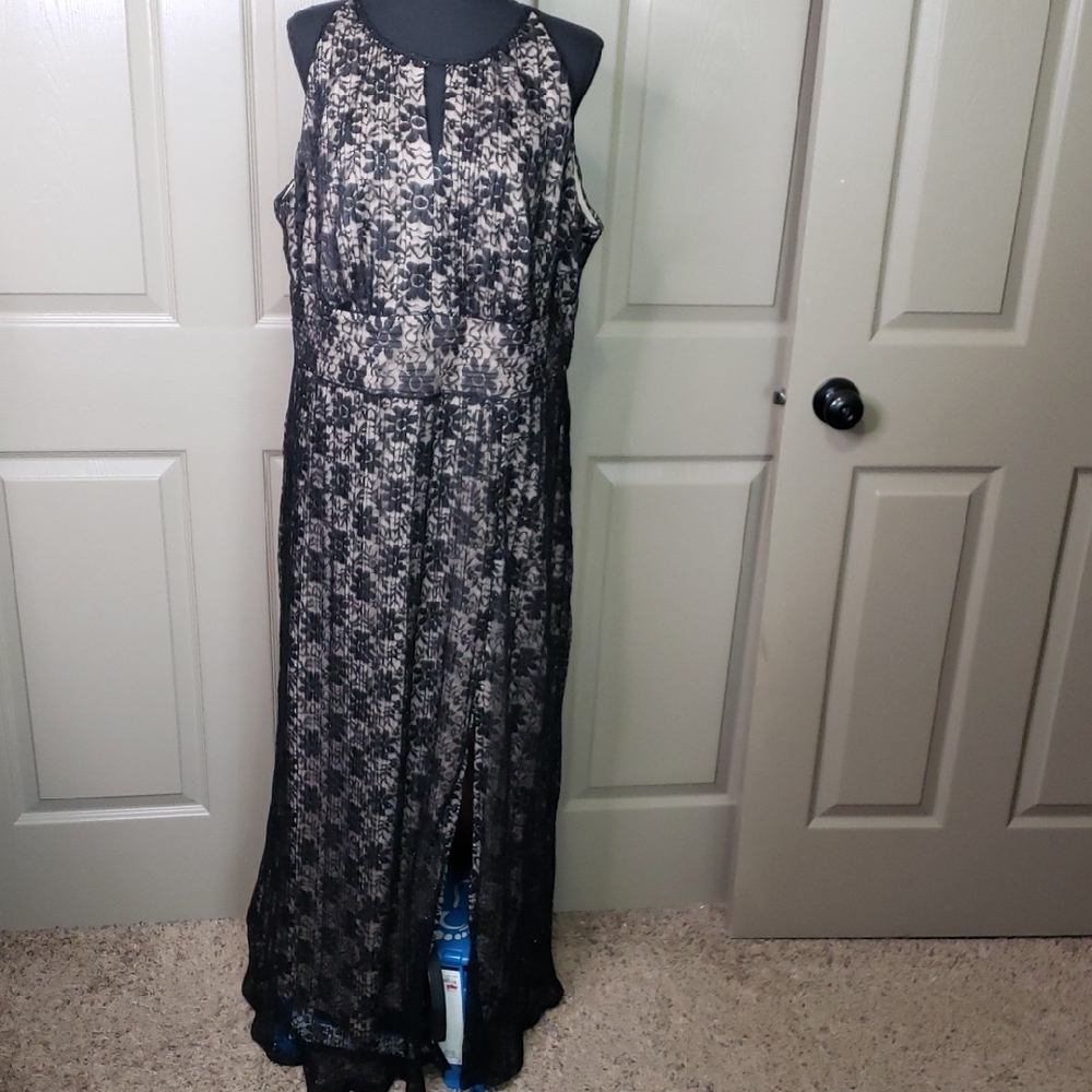 R&M Richards Woman Black Sparkle Lace Overlay Maxi Dress with Cream Lining 18W